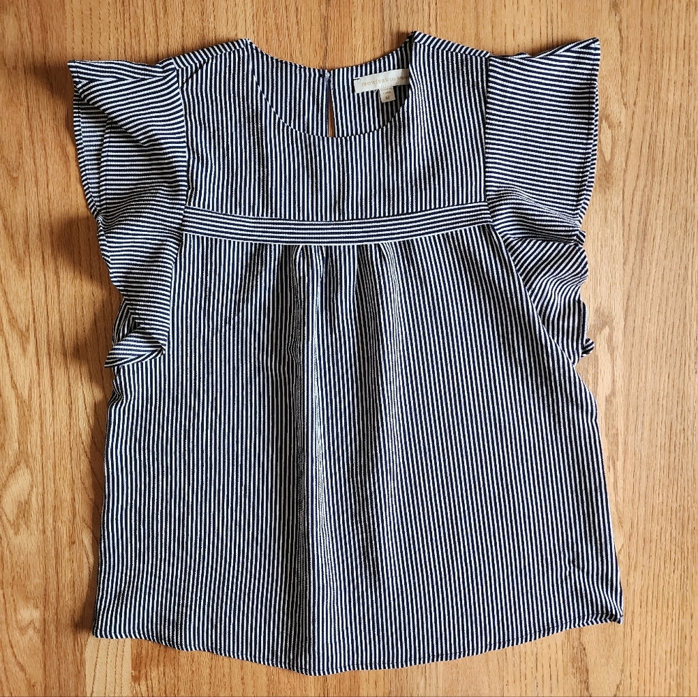 Monteau Women's Striped Crewneck Flutter Short Sleeve Pullover Blouse Medium M